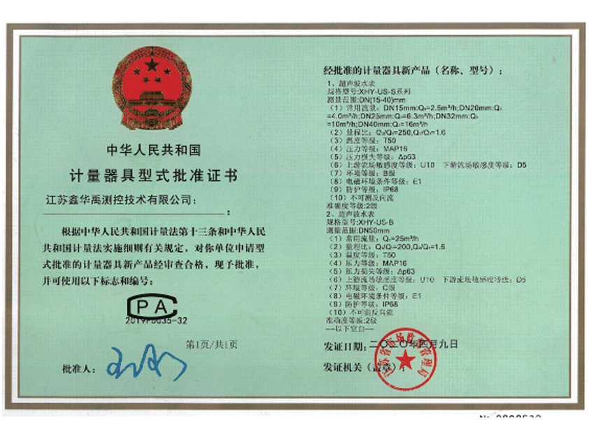 Type approval certificate for measuring instruments